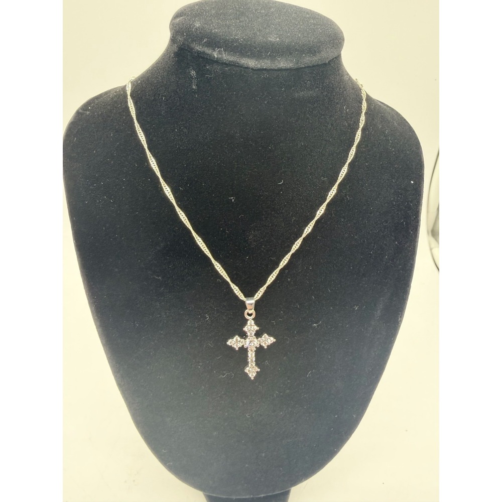 Cross Pendant‎ Necklace 925 Sterling Silver CZ Figaro Chain Christian Gift